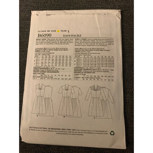 Butterick B6090 Misses Dress Sewing Pattern Sizes 16-24 uncut - Picture 2 of 2
